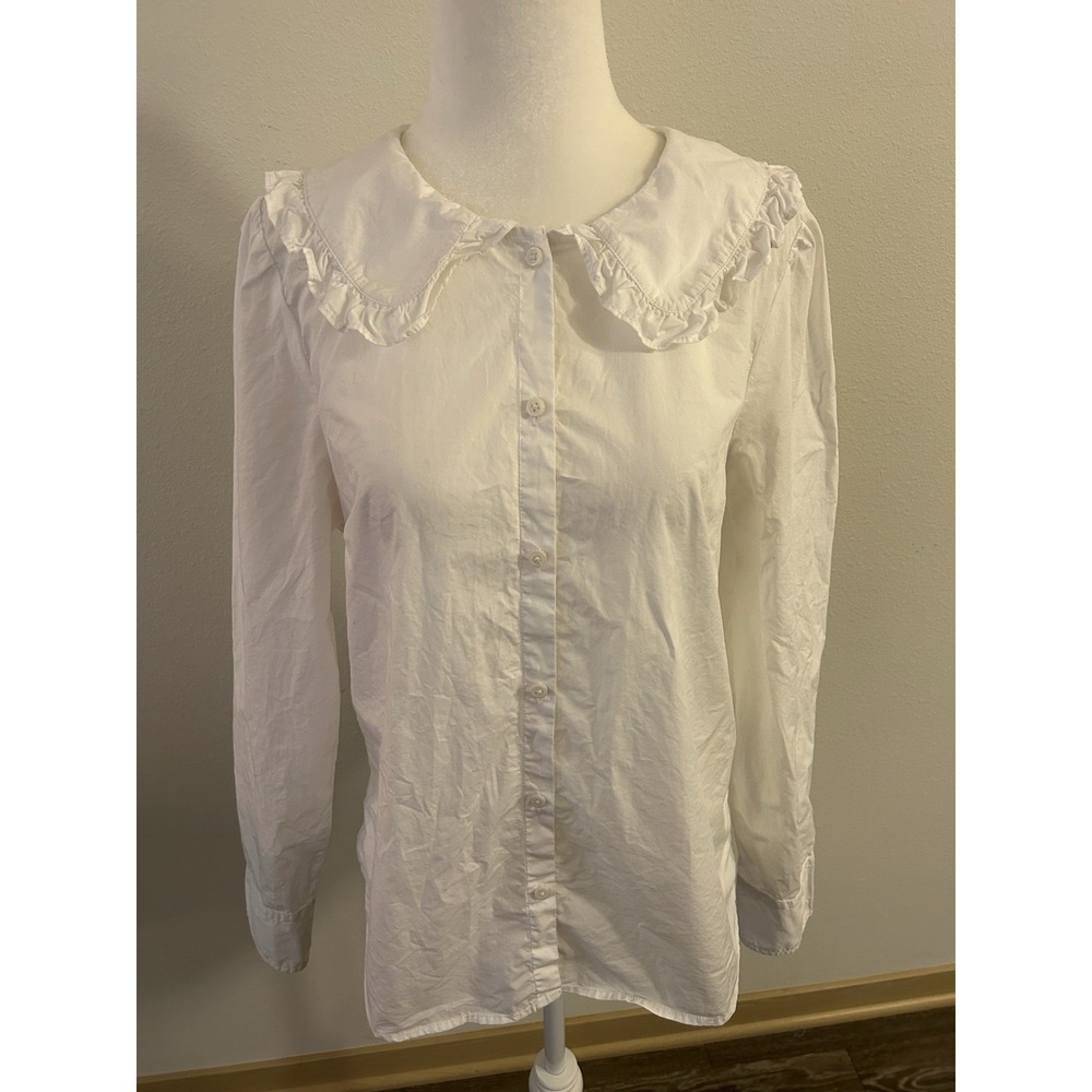 J Crew Ruffle Peter Pan Collar Organic Cotton Button Up Shirt Coastal Preppy